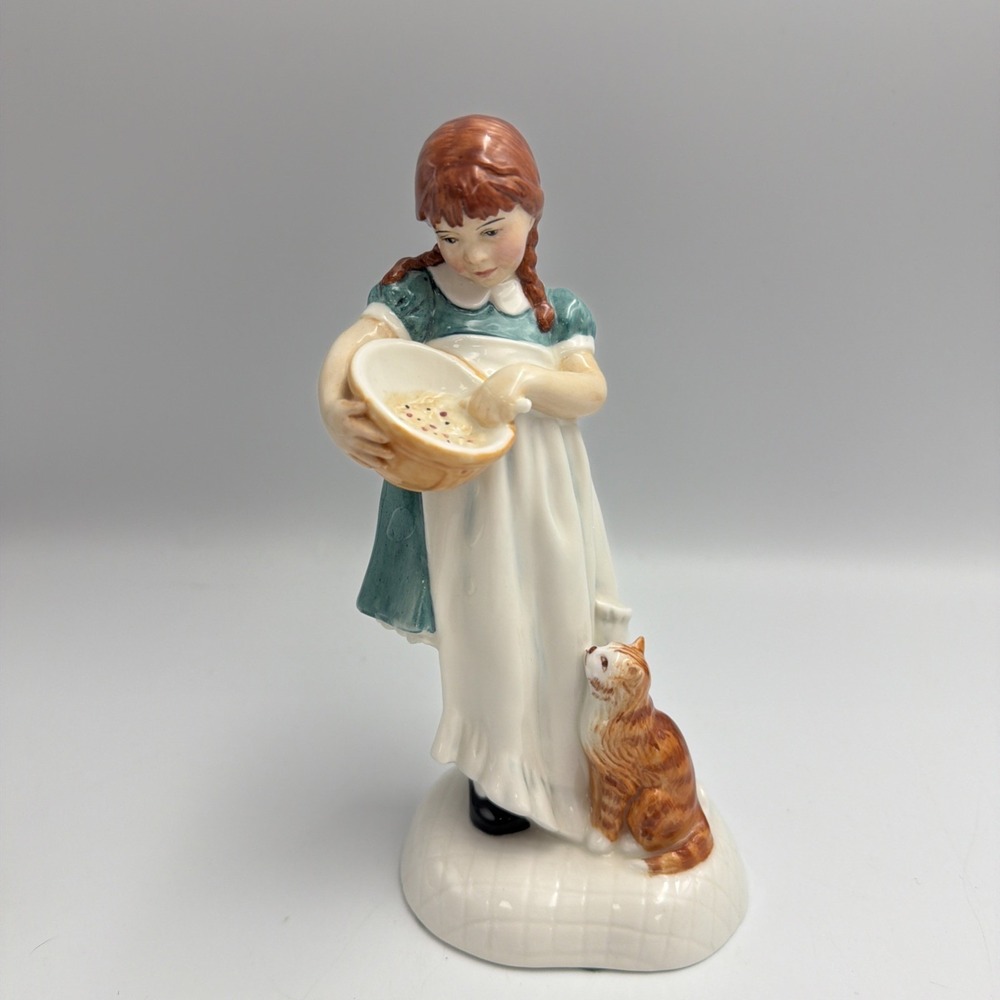 Royal Doulton Childhood Days "Save Some For Me" HN2959 Girl With Mixing Bowl Cat